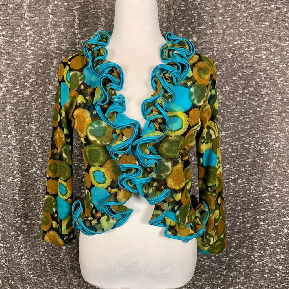 Berek Abstract Ruffle Open Front Cardigan Top Y2K Boho Whimsigoth Women's Large